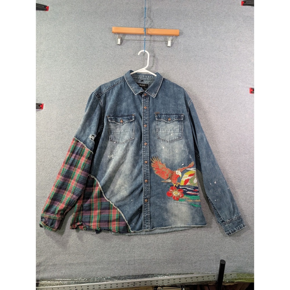AKOO Embroidered Denim Plaid Patchwork Shirt Jacket Shacket 3XL Streetwear Eagle